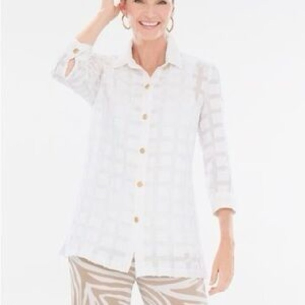 Chico's White Textured Jacket with Gold Buttons